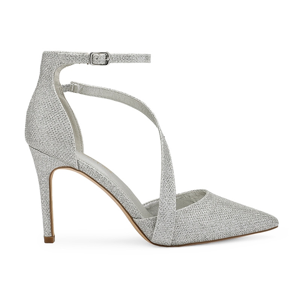 Pointed Toe Ankle Strap High Heel Pump Shoes - SILVER GLITTER - 1